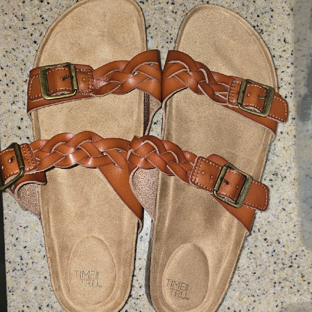 Tan Sandals with Adjustable Straps and Contoured Footbed